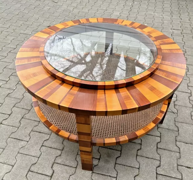 wunderschöner ART DECO Tisch Couchtisch mit Glas und Geflecht Nussbaum top