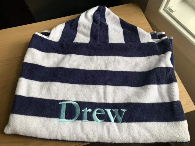 Pottery Barn Kids Navy White Rugby Stripe Hooded Towel-name DREW mono-NWOT