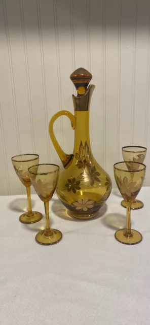 Vintage Decanter W. Matching Glasses Hand Blown Crystal 22k Romanian - MCM