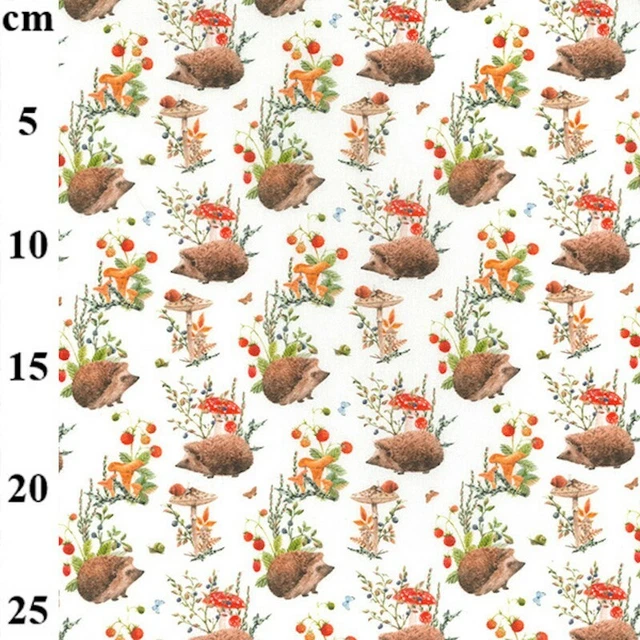 100% Cotton Fabric Digital John Louden Woodland Hedgehogs Mushrooms