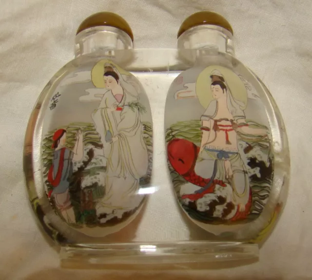 Vtg Water God Lotus Sea Child Reverse Interior Painted Double Snuff Bottle Glass