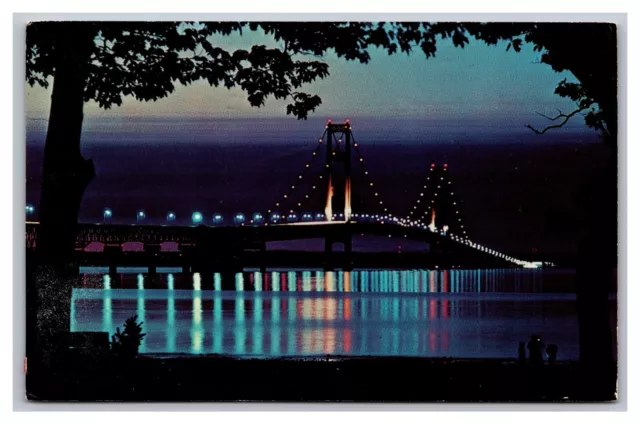 The Mackinac Bridge MI Michigan Night View Chrome Postcard Posted 1966