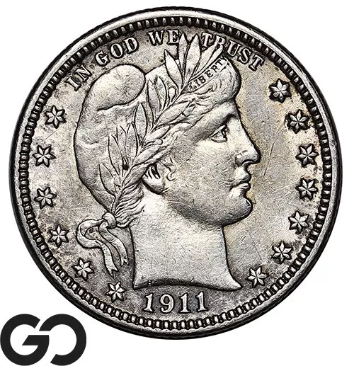 1911 Barber Quarter, Choice AU Silver 25c