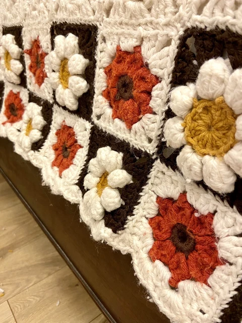 VINTAGE 70s Handmade Crochet Granny Flower AFGHAN Blanket - Orange Brown Yellow