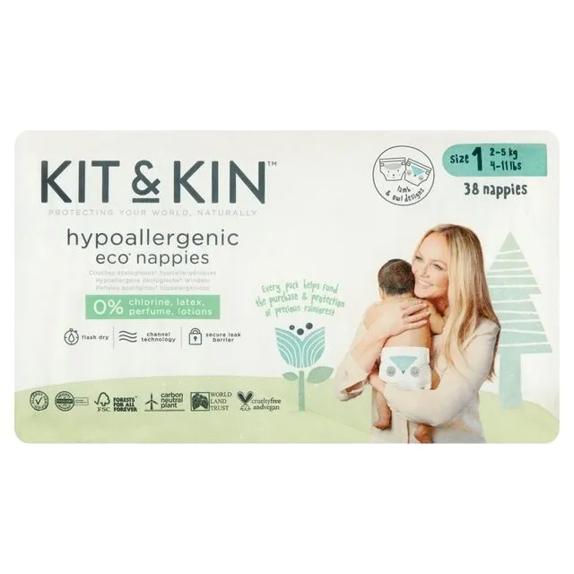 Kit & Kin Eco Nappies, Size 1 (2-5kg) - 38 per pack