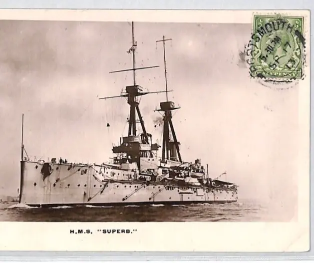 GB NAVAL Postcard *HMS SUPERB* Real Photo KGV View Side Portsmouth 1913 CDS PF31