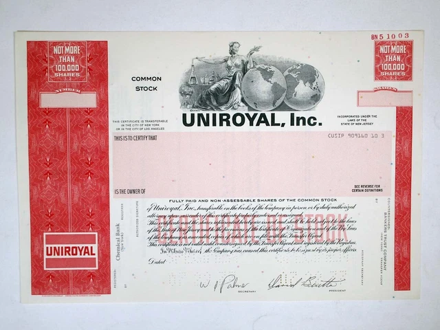 NJ. Uniroyal, Inc., 1977. 100,000 Shrs Specimen Stock Cert., XF-AU. S-C USBNC