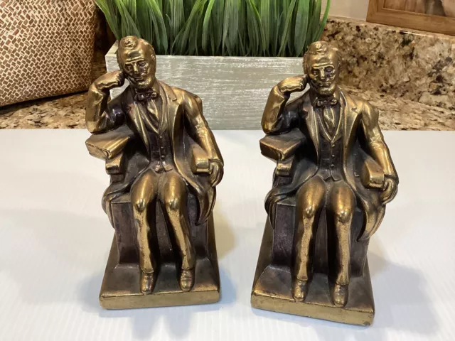 Pair of Vintage Brass Lincoln Bookends Sitting / Thinking President