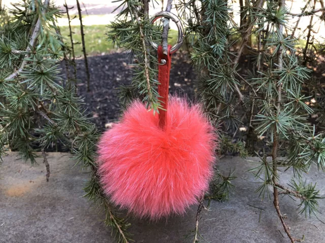Coral  FOX FUR 5 inch bag charm pom pom keychain purse pendant  Hardware
