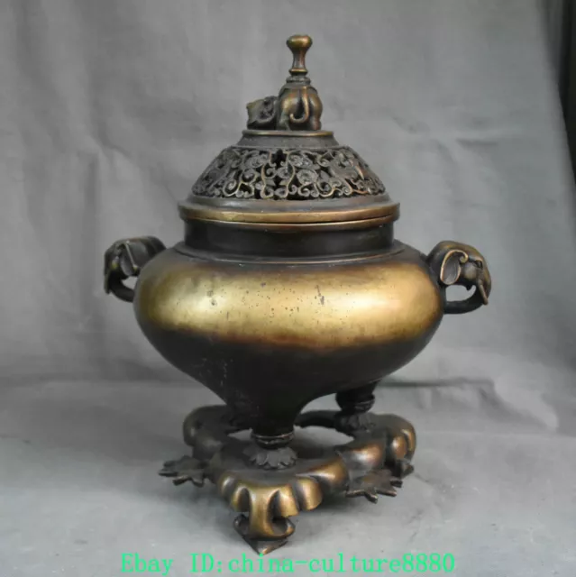 13.7 '' Qianlong cuivre violet tête d'éléphant d'or encensoir censer