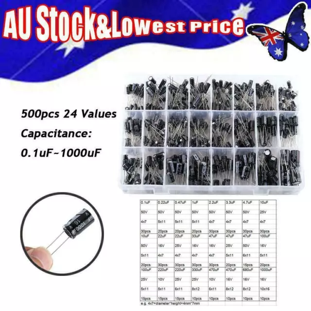 500Pc 24 Value Electrolytic Capacitors Assortment Kit Capacitor Set 0.1uF-1000UF