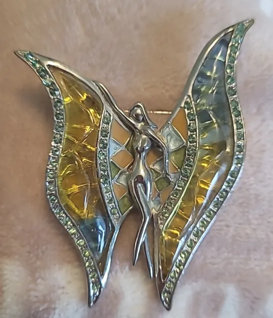 Large Vintage Plique a Jour & Green Crystal Heavy Fairy Nymph Butterfly Brooch