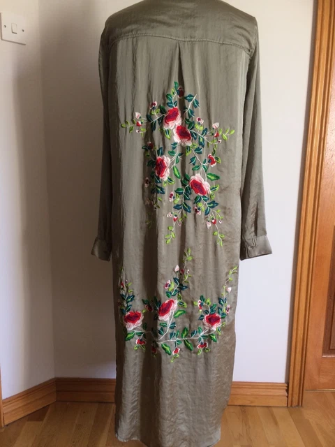 ZARA WOMAN KHAKI Long Shirt Dress With Floral Embroidery On Back