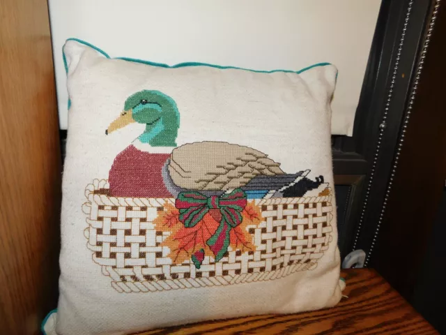 Cross Stitch Holiday Mallard Duck in Basket Pillow COMPLETED Handmade