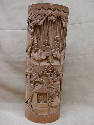 Large Antique Chinese Bamboo Bitong Brush Pot! Scenic Carvings