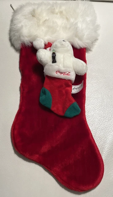 Vintage 1998 Coca Cola 18” Christmas Stocking Polar Bear Plush Miniature Stockin