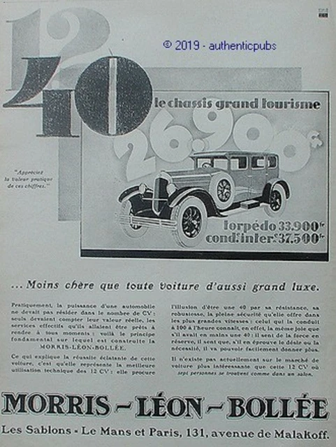Publicite Morris Leon Bollee Chassis Grand Tourisme Torpedo De 1927 French Ad