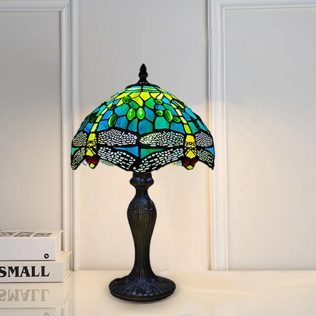 Tiffany Dragonfly Green Style Table Lamp Stained Glass Shade Multicolor