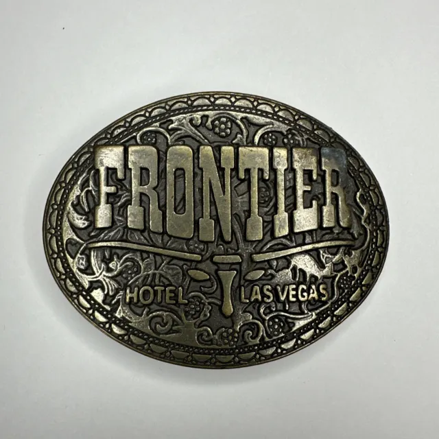 Vintage 1970’s Frontier Hotel Las Vegas Nevada Brass Belt Buckle