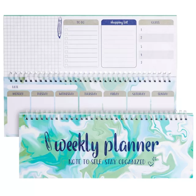 Marble Undated Weekly Planner, Horizontal Desk Calendar, Spiral Bound, 12x4"