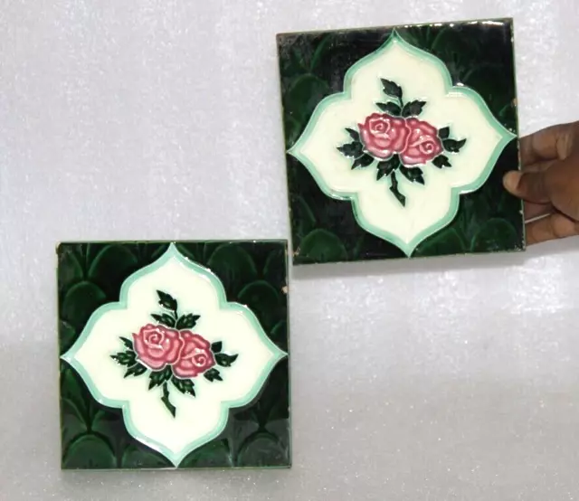 2Pc Vintage Majolica Flowers & Diamond Art Nouveau Architecture Tiles, Japan