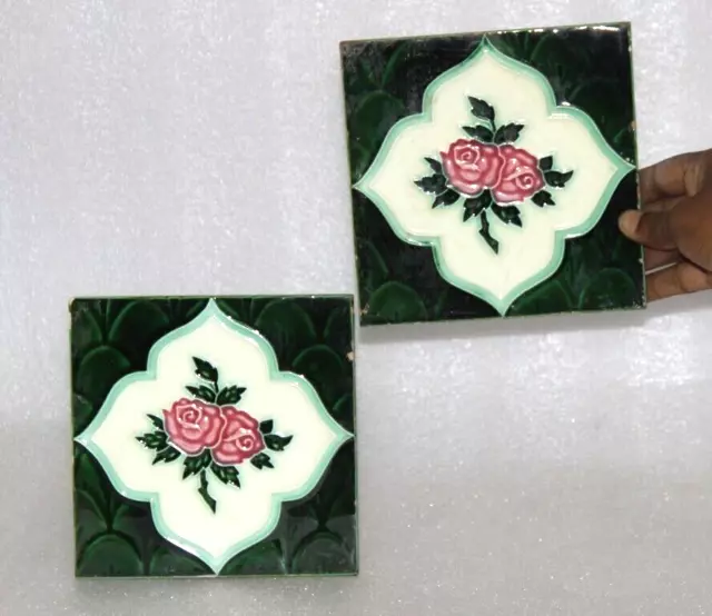 2Pc Vintage Majolika Blumen & Diamant Jugendstil Architecture Fliesen, Japan