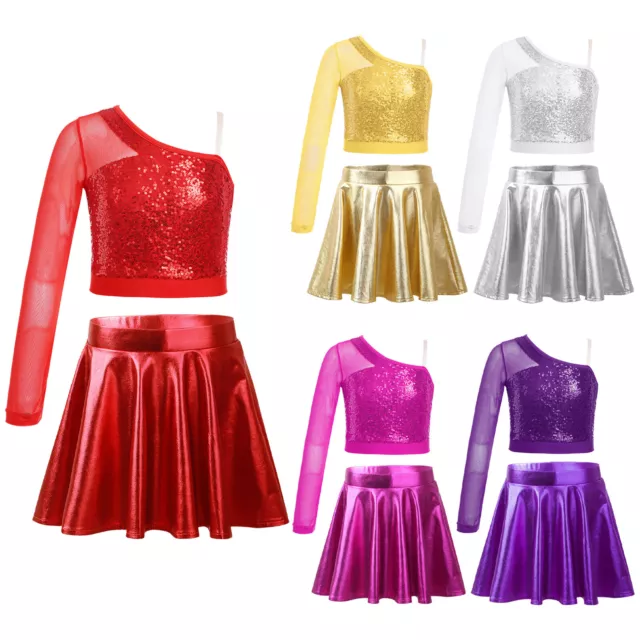 Kids Girls Stage Performance Costume Cheer Leader Dance Outfits Sequins A Line