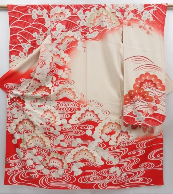 3423T01z1090 Vintage Japanese Kimono Silk FURISODE Pine Red