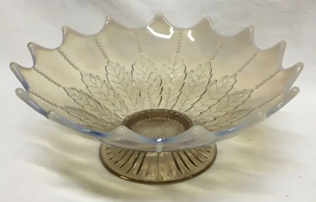 Antique Northwood Opalescent Footed Leaf And Beads Glass Bowl *