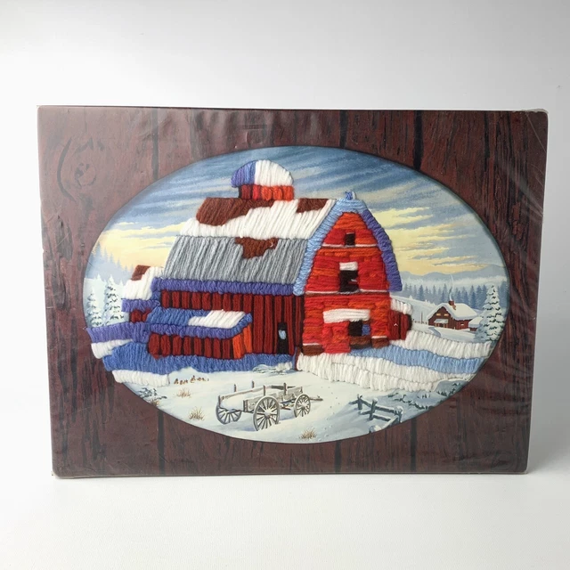 "Hilo de costura de crewel vintage años 80 escena artística granja sin enmarcar 12""x16"