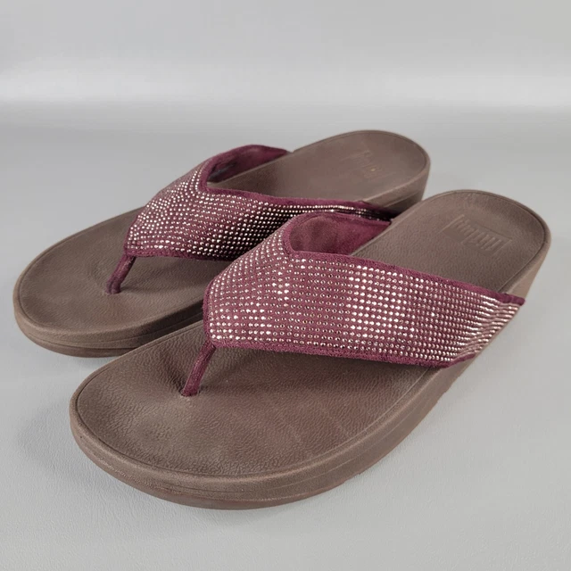 FitFlop Womens Ritzy Maroon Sparkle Studed Toe-Thong Comfort Sandal Size 9