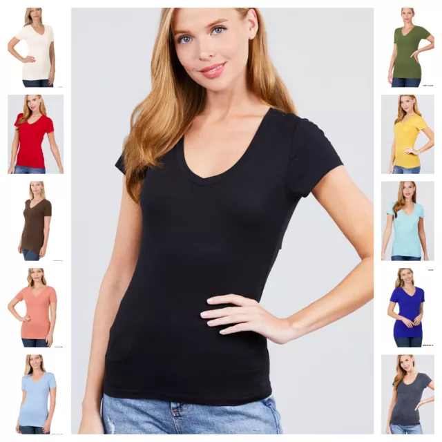 NEW Basic SHORT SLEEVE V NECK T-Shirt Cotton Stretch Long Top Fitted Tunic S-3X