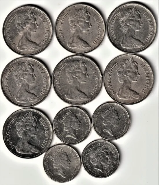 10 Different Great Britain 5 Pence Coins - 1968 to 1999
