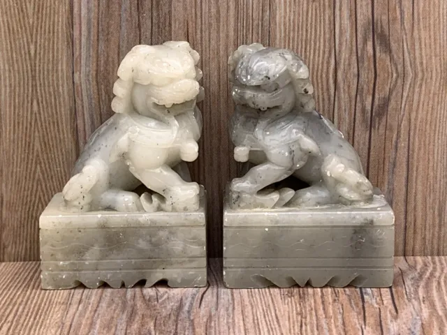 Vintage Antique Chinese Marble Carved Pair of Fu / Foo Dog Statues Lion Guardian