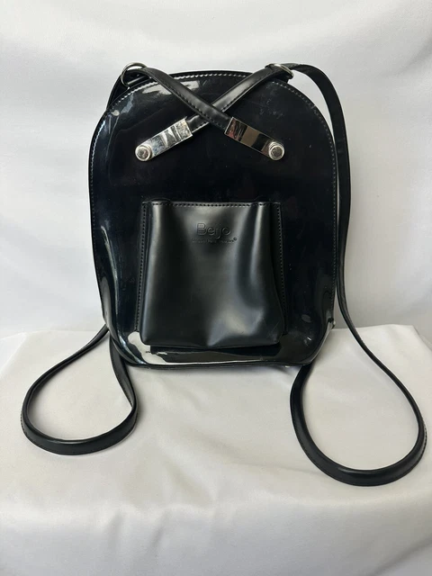 Beijo Retro 90s Vtg Convertible Backpack Purse Black Patent Faux Leather - #317
