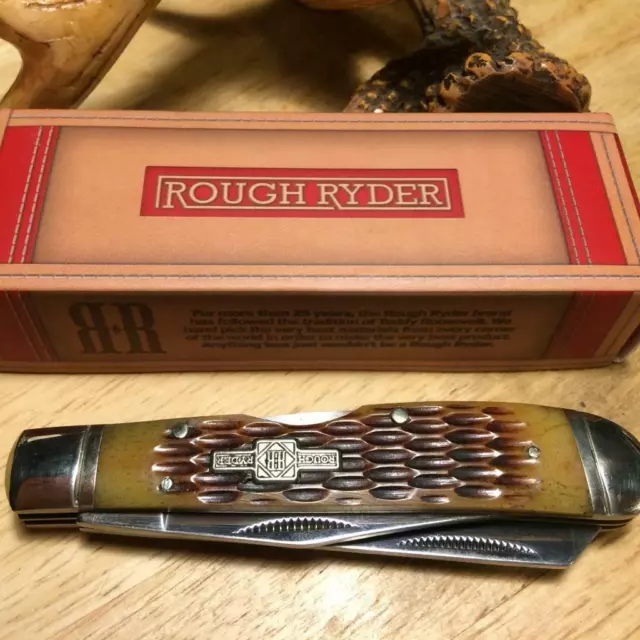 Rough Ryder Amber Jigged Bone Trapper Lockback 4" Pocket Knife   RR1069