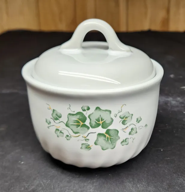 Vintage Corning Corelle Callaway Stoneware Sugar Bowl w Lid Green Ivy Swirl