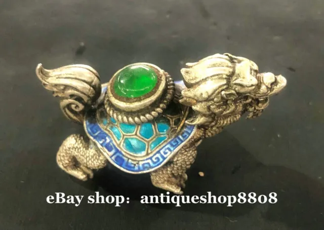 Chinese Miao Silver Green Jade Fengshui Dragon Tortoise Turtle Long Life Statue