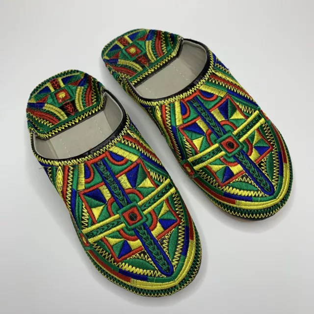 Moroccan Embroidered Leather Slippers Babouche Shoes Round Toe Women’s SZ 7.5