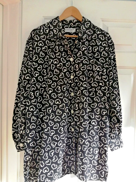 Camicia camicia Jaeger vintage taglia L 52" petto stampa cuore nera stampa cuore tunica lunga stravagante
