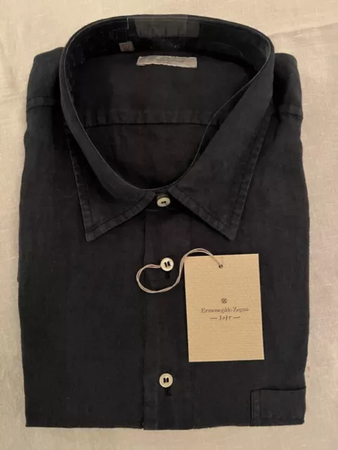 Zegna New with Tags Linen Short Sleeve XXL Black/Navy Button Down Shirt