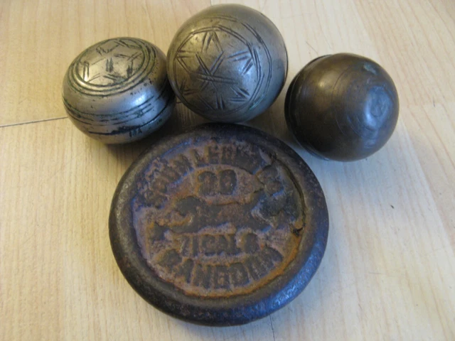 Antique Burmese Brass Lime Paste Holders w/ 20 Ticals Iron Rangoon Scale Weight