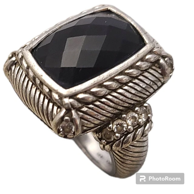 JUDITH RIPKA Sterling Silver Onyx & Diamonique Textured Fleur di Lis Ring Size7 JUDITH RIPKA Sterling Silver Onyx & Diamonique Textured Fleur di Lis Ring Size7