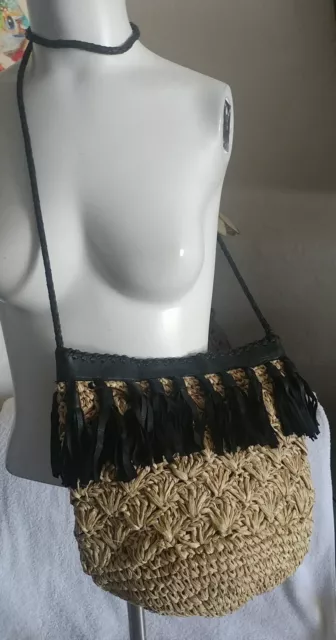 Cleobella Straw W Blk Leather Fringe Snap Closure Crossbody Bag 10" X 12" X 6"