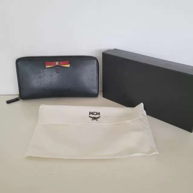 MCM Black Bow Mina Wallet Zip Around Accordion Smooth Leather Large Box Dust Bag