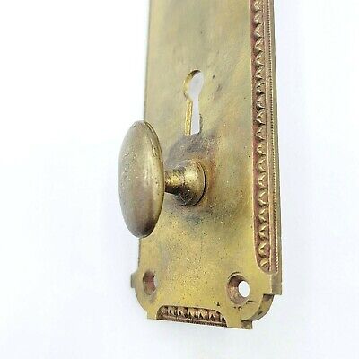 Antique MEDFORD Brass Doorknob Back Plate Thumb Lock 8" x 2 1/4" Skeleton Key 2