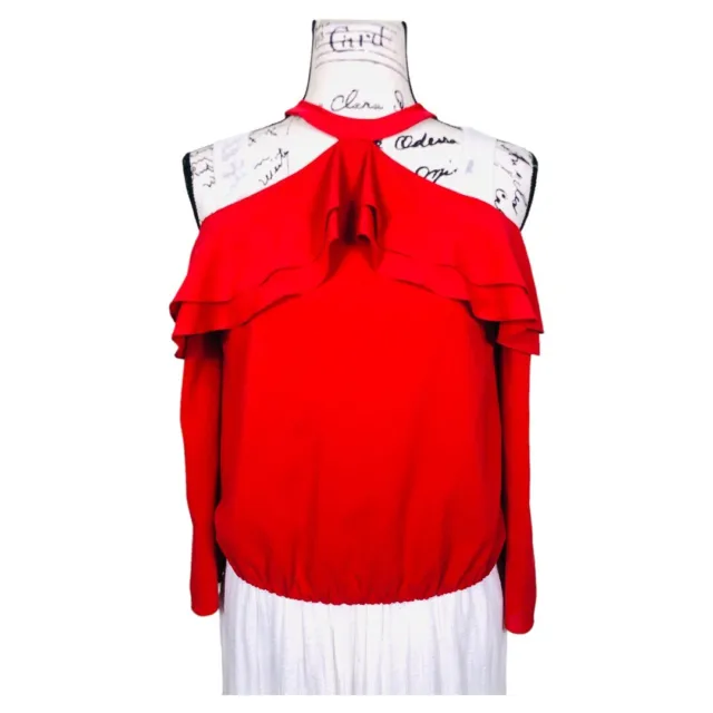 Alice + Olivia Silk Cold Shoulder Ruffle Blouse Red Size Small Halter Neck