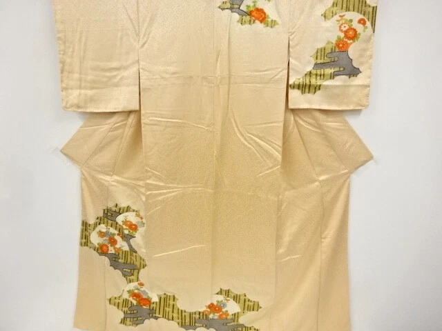 41568# Japanese Kimono / Antique Kimono / Embroidery / Cloud & Peony With Ki