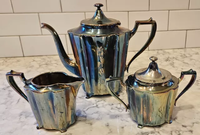 Vintage Homan Silverplate Tea Set Engraved Stamped 1919 Teapot Creamer Sugar