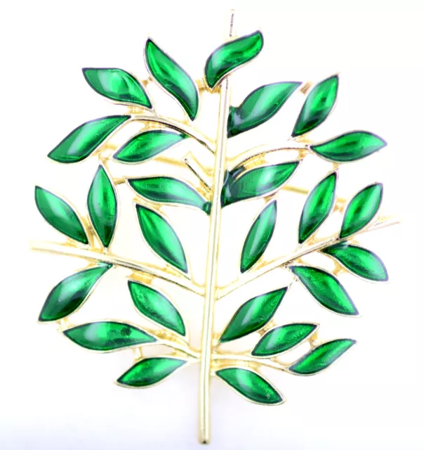 Gold tone green enamel tree leaf brooch bag pin, Xmas Christmas gift